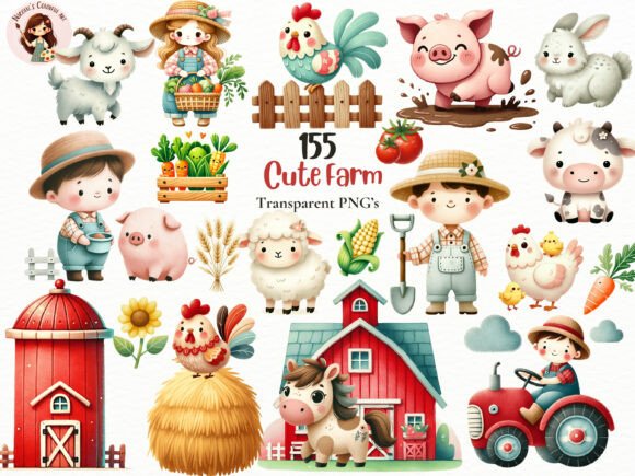 Download Watercolor Farm Kids &amp; Animals PNG Set - Set Collection